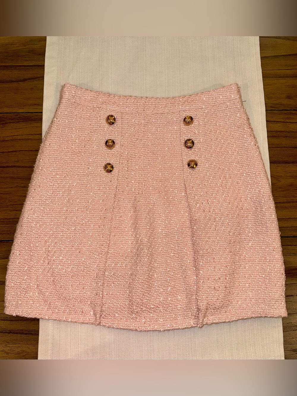 Lauren James Blush Tweed Mini Skirt with Gold Buttons